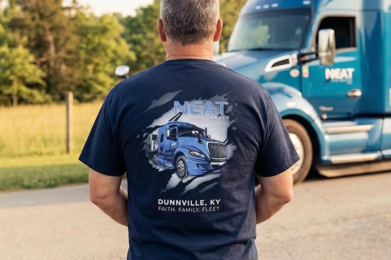 man wearing NEAT Companies truck t-shirt with truck in background