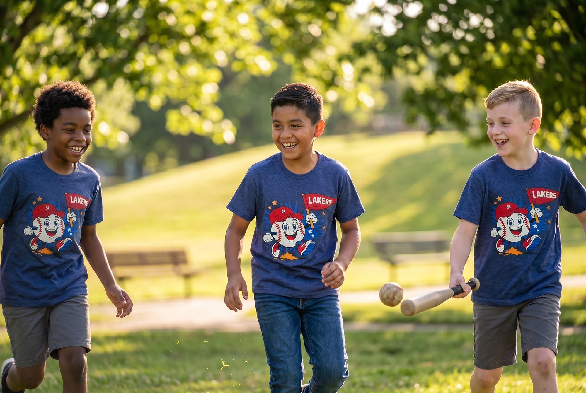Kids playing wearing Lakers youth baseball screen printed shirts.
