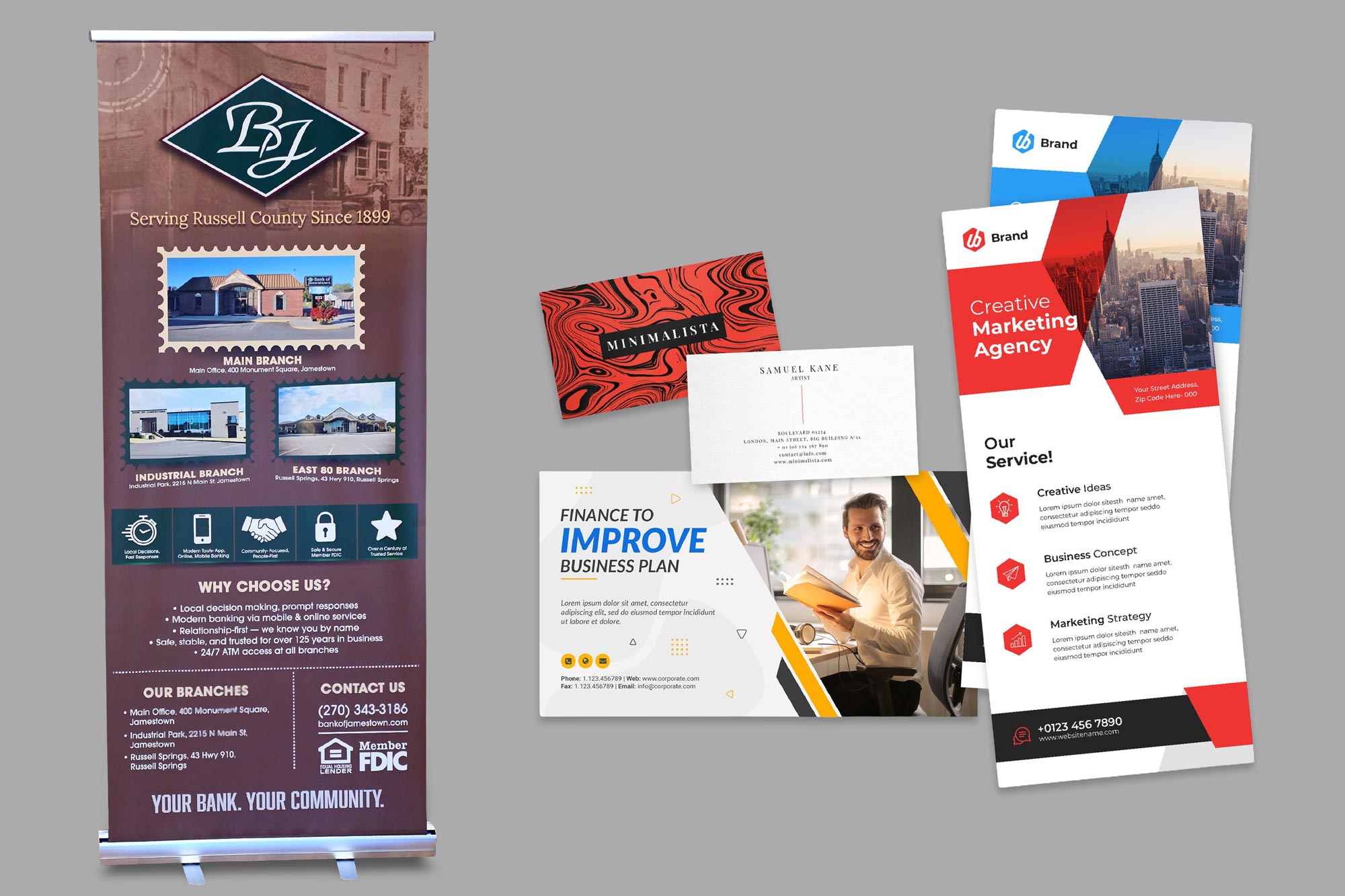 Standup banner, business cards, brochures, and postcard