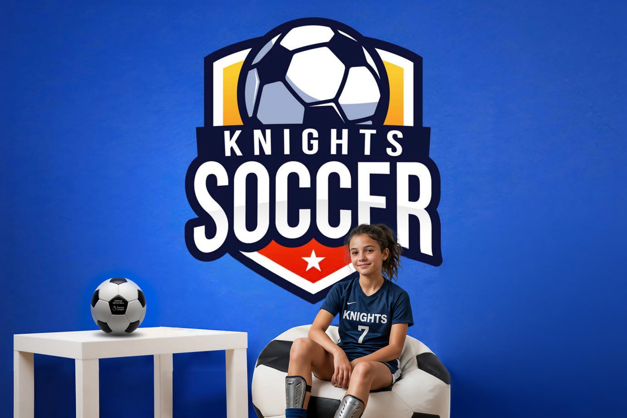 low-tack soccer wall cling in a young soccer players room.