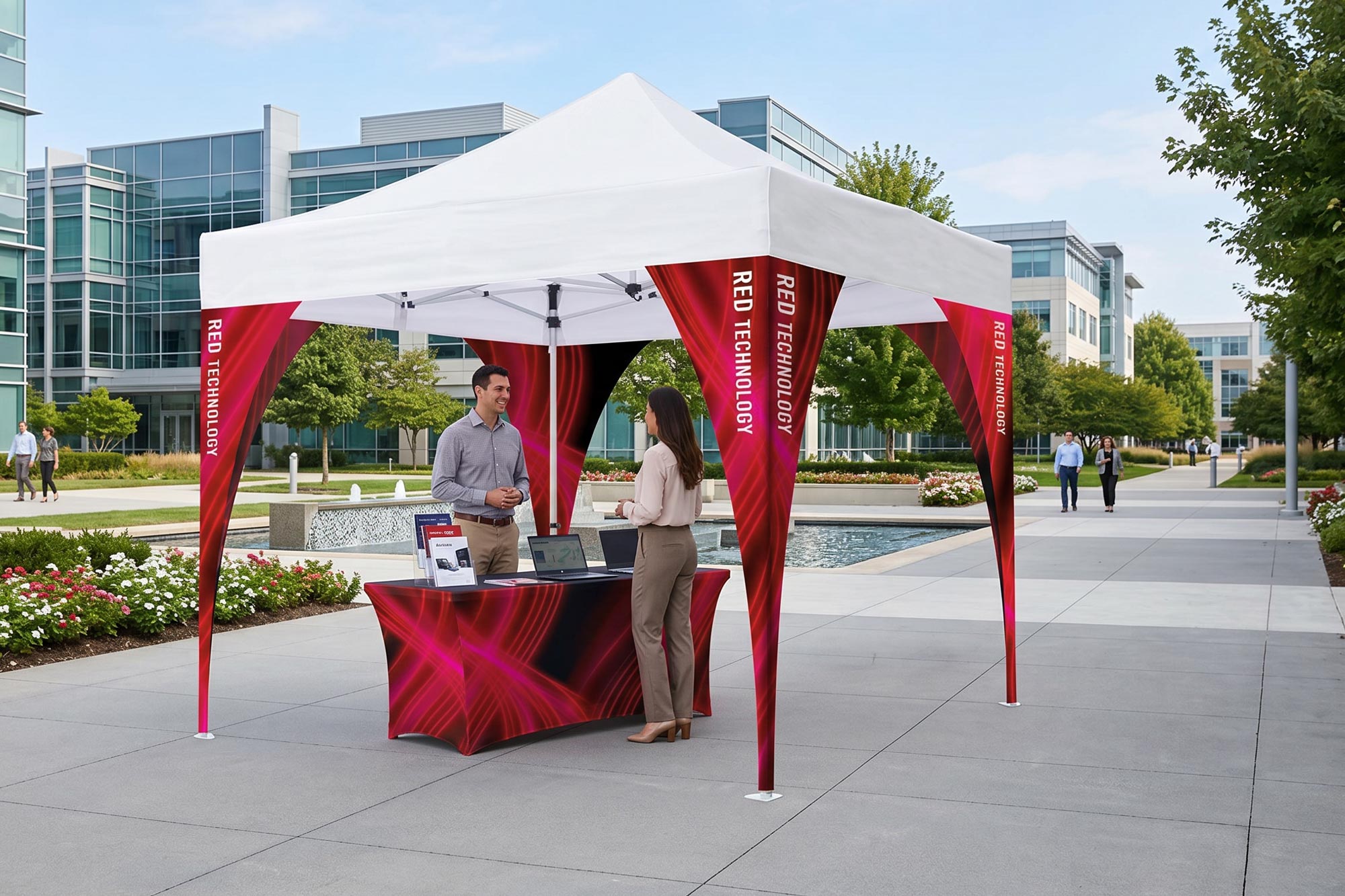 Marketing tent in a business park walkway